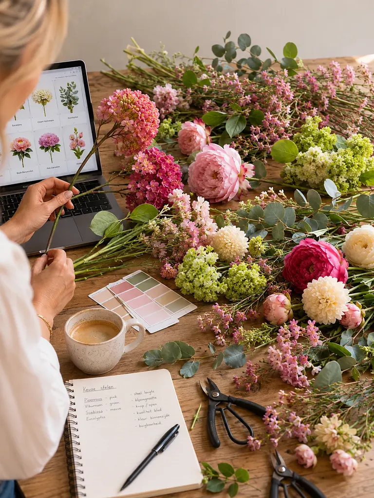 Het selecteren van zijden bloemen en kleurstalen in het atelier