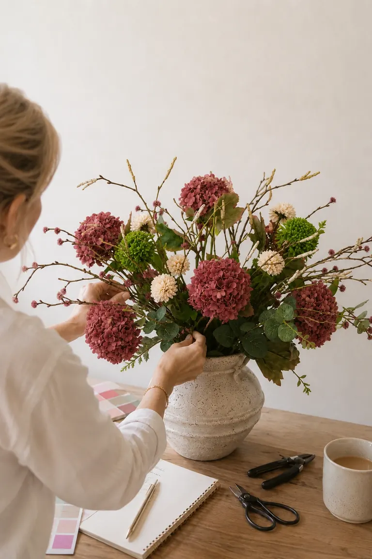 Het afstylen van een Dusty Rose boeket in een vaas aan tafel