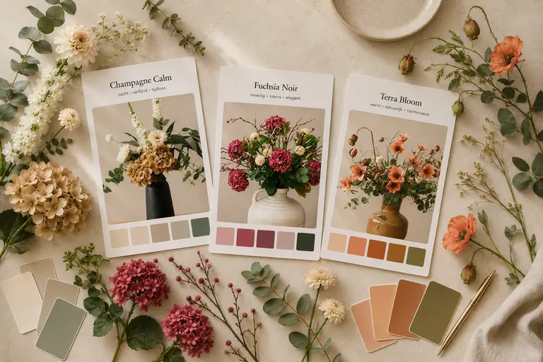 SiaFlora enquêtebeeld met de boeketten Champagne Calm, Fuchsia Noir en Terra Bloom