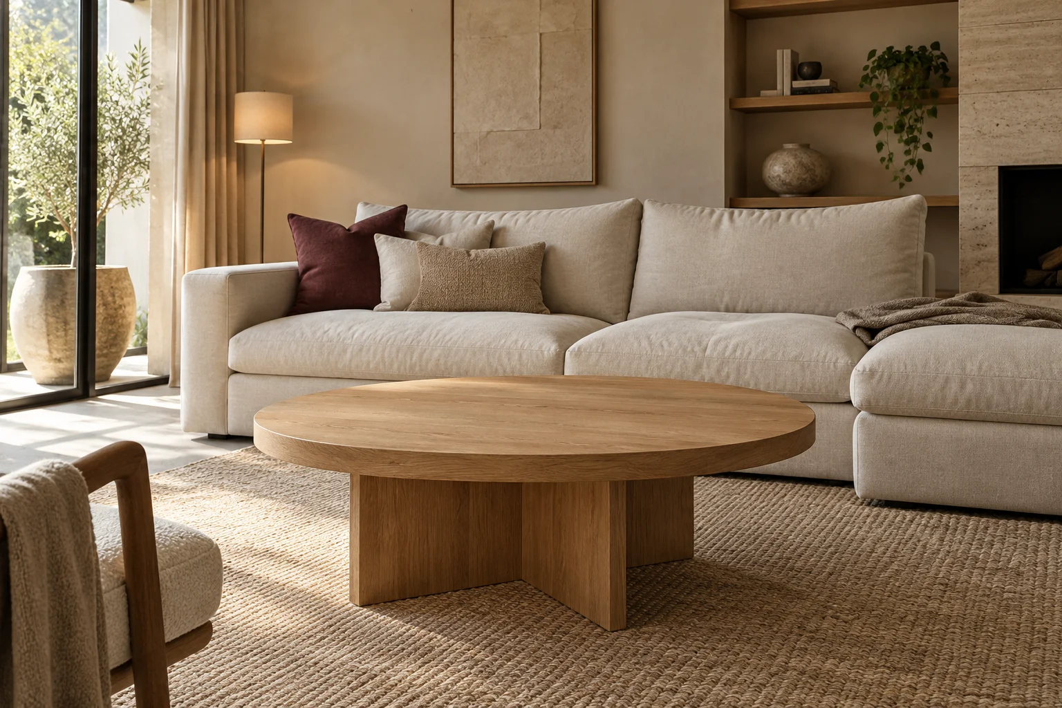 Lichte woonkamer met linnen bank en lege houten tafel