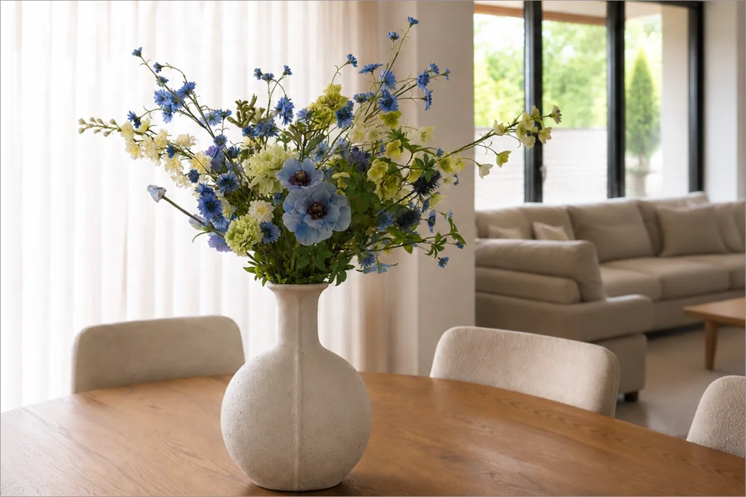 Blauw en limegroen kunstboeket in een lichte vaas op een houten eettafel in een warm interieur.